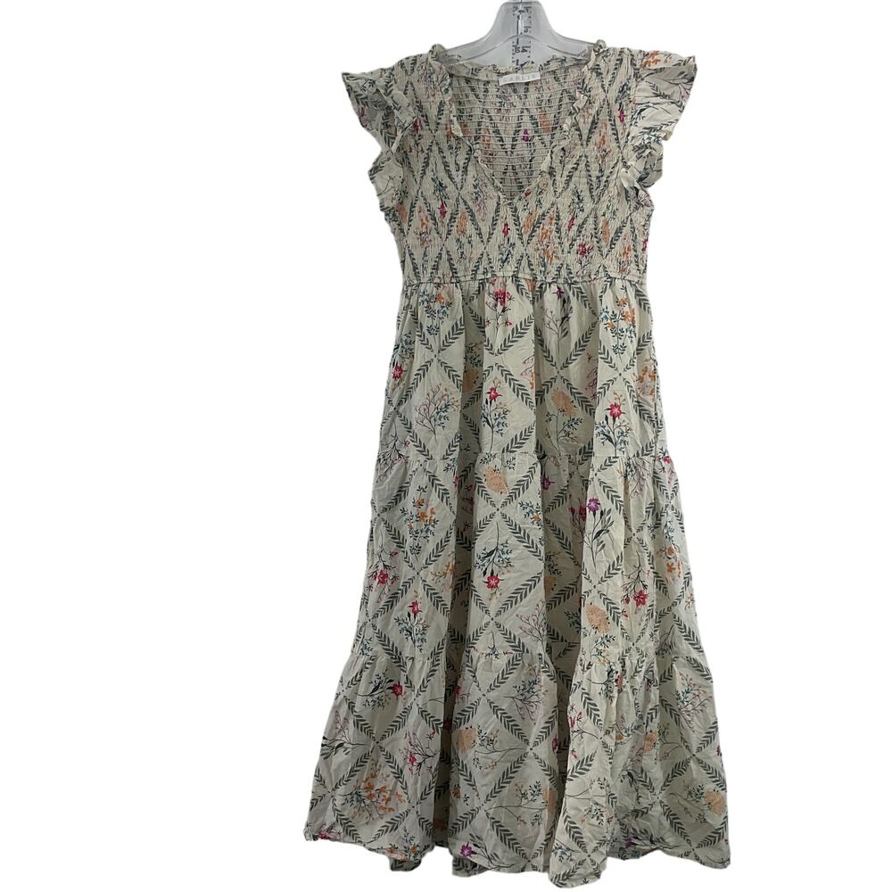 Karlie Women's Tan Flared Prairie Style Floral Print Midi A-Line Dress Size M